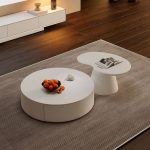 "Nested Orbicular Timber Coffee Table with 2 Drawers, White"