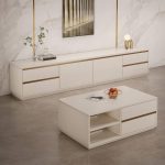 "Modern White Natural Wood TV Stand with 4 Drawers and 2 Cabinets, 79"L x 16"W x 18"H"